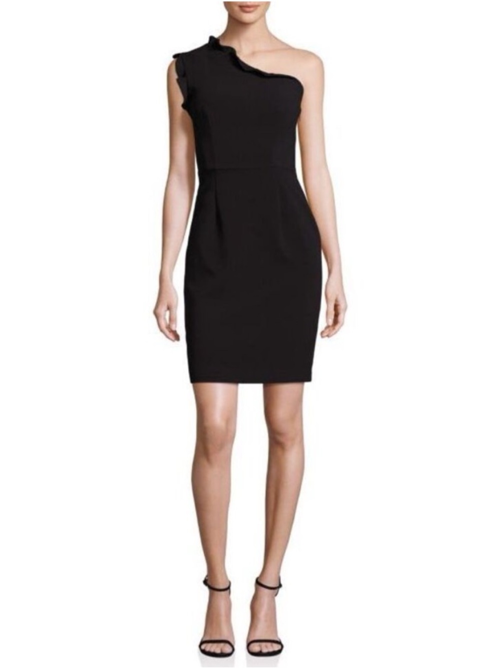 Black Halo Ruffled Sleeveless One-Shoulder
Sheath Mini Dress Black sz 4